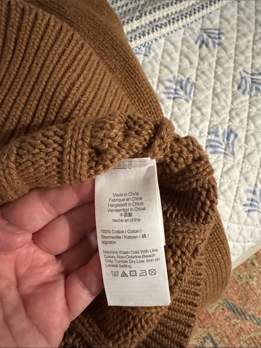 J. Crew Camel Cable Knit V-Neck Sweater with Navy Trim